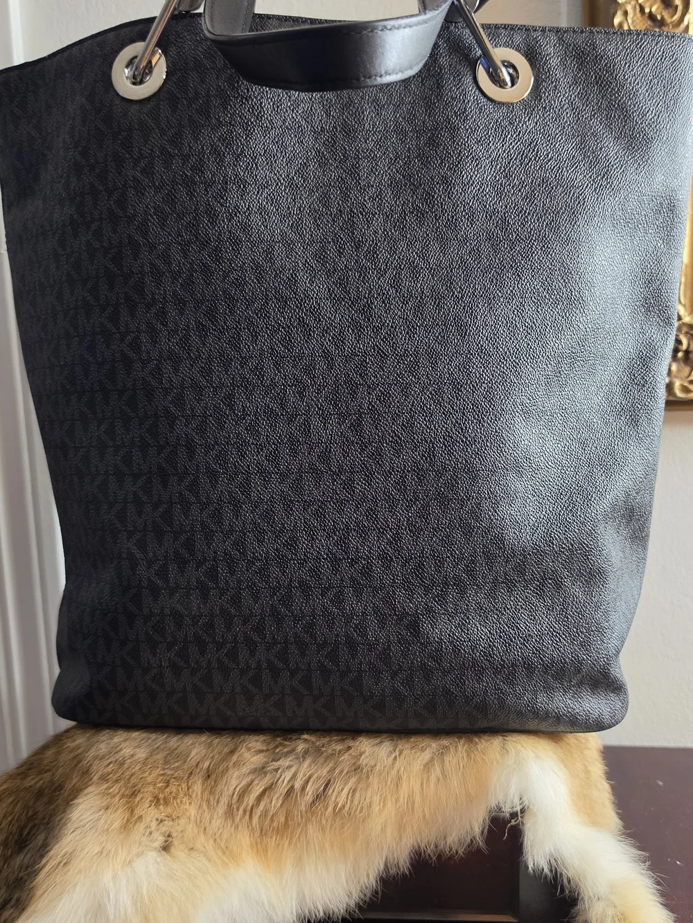 Michael Kors Black MK Signature Tote with Silver-Tone Rings